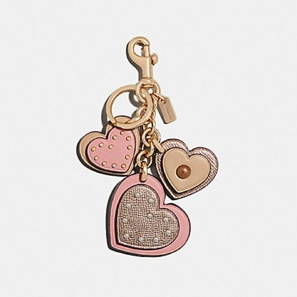 Coach Heart Appliqué Rose Gold and Pink Dangle Keychain Charm Fob F40696